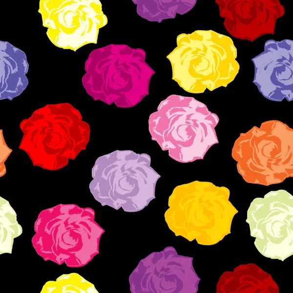 Modèle Sans Couture Avec Des Roses Colorées Sur Fond Noir — Image vectorielle