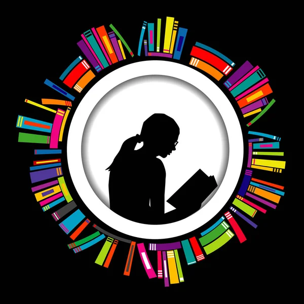 圆形框架 有风格的书和一个女孩在中间看书的轮廓 — 图库矢量图片