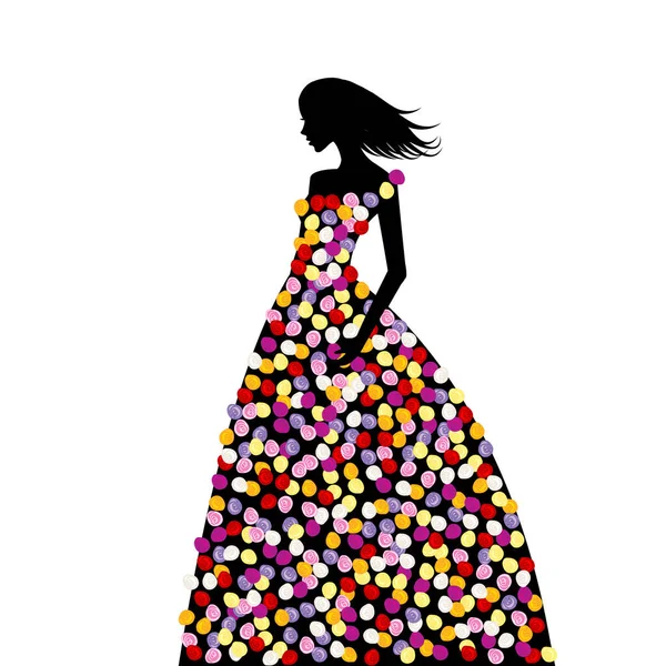 Στυλιζαρισμένη Γυναίκα Φόρεμα Από Χρωματιστά Τριαντάφυλλα — Διανυσματικό Αρχείο