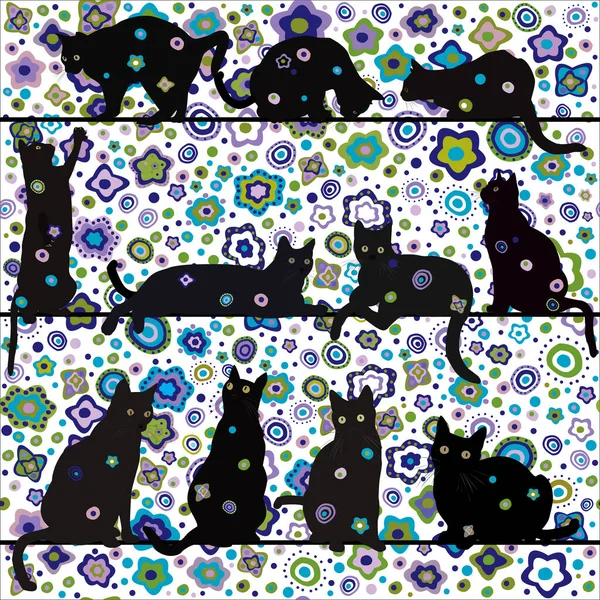 Fekete Macskák Gyűjtemény Virágos Háttér — Stock Vector