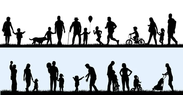 Silhouettes Familles Avec Enfants Plein Air — Image vectorielle