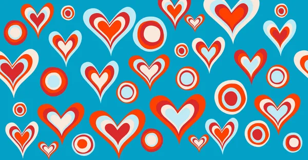 Stilisierte Konzentrische Herzen Und Kreise Auf Blauem Hintergrund Nahtloses Muster — Stockvektor