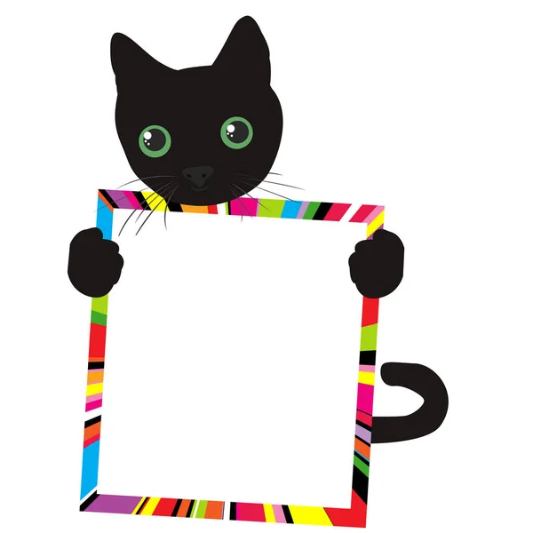 Cute Czarny Kot Gospodarstwa Puste Ramki Miejscem Tekst — Wektor stockowy