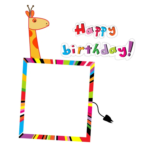 Colored Frame Cartoon Giraffe Happy Birthday Greeting Card — Stock Vector
