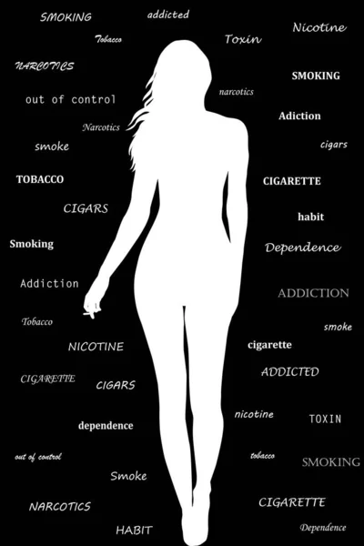 Silhouette Woman Body Cigarette Her Hand Words Related Addiction Background — Stock Vector