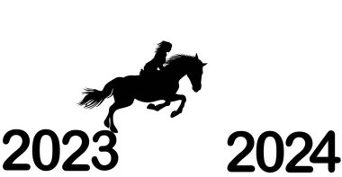 Happy New Year concept with black silhouette of Jockey riding horse jumping from 2023  to 2024 clipart