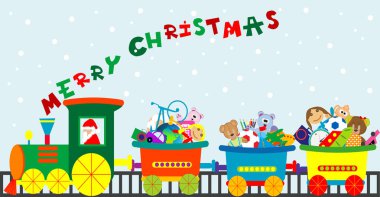 Christmas train driven by Santa full of toys. Merry Christmas card clipart