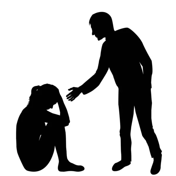 Man Extending Helping Hand Sad Woman Sitting Floor — Stock Vector