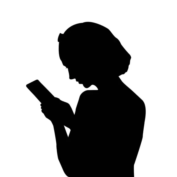 Silhouette Girl Looking Mobile Phone — Stock Vector