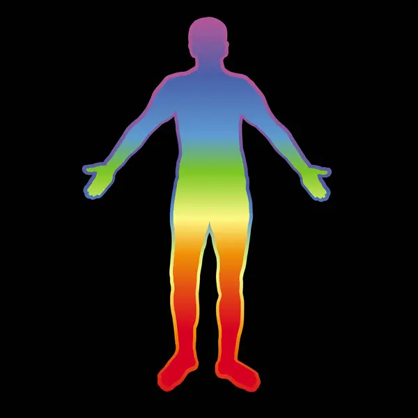 Silhouette Des Menschlichen Körpers Mit Aura Farben Auf Schwarzem Hintergrund — Stockvektor