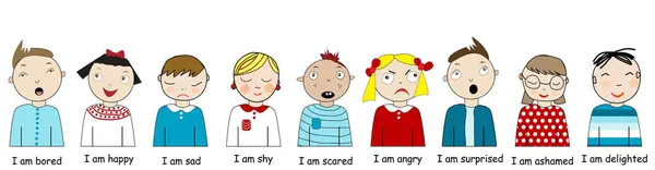 Crianças Emoções Faciais Definidas Rostos Crianças Com Expressões Diferentes — Vetor de Stock