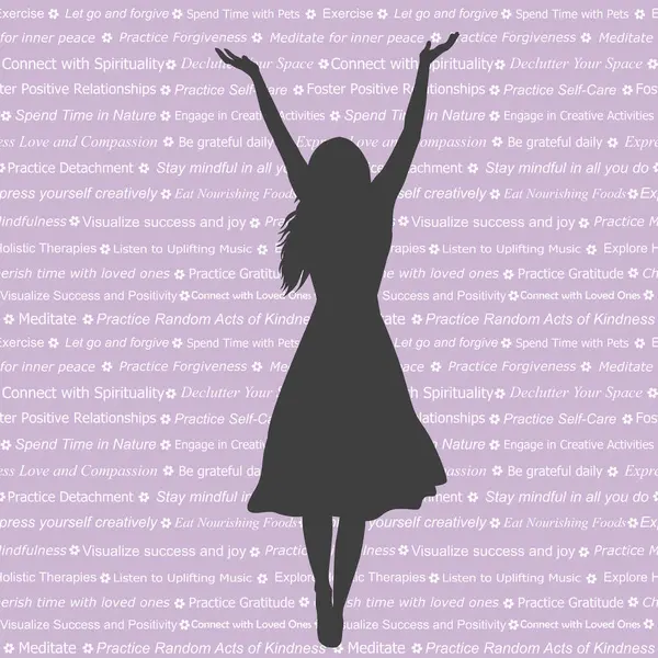 Frauensilhouette Genießt Das Leben Auf Einem Hintergrund Mit Phrasen Die — Stockvektor