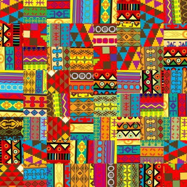 Etnik motiflere sahip farklı renkli desenlere sahip yamalar
