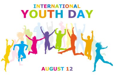 Uluslararası Gençlik Günü 12 Ağustos Erkek ve kadın siluetleri atlama konsepti