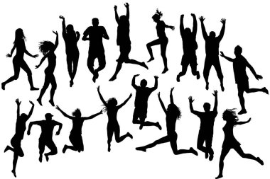 Atlayan kadın ve erkeklerin siyah siluetleri