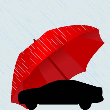 Kırmızı şemsiye ve yağmur altında siyah arabalı sigorta kavramı