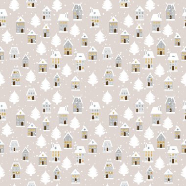 Evleri ve köknar ağaçları olan kış manzarası, pürüzsüz desen