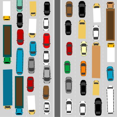 Otoyoldaki trafik sıkışıklığının yukarıdan görünüşü, basit illüstrasyon