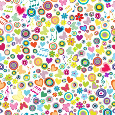 Çiçekler, kalpler, notalar ve yuvarlak şekillerle kusursuz bir arka plan.