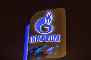 Belgrade, Serbia - November 27, 2022: Detail of the Gazprom Neft Gas station tothem logo in Belgrade, Serbia. Logo. Gazprom is one of the main power and energy companies of Russi