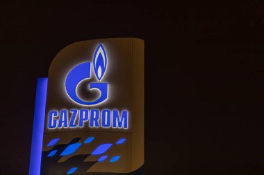 Belgrade, Serbia - November 27, 2022: Detail of the Gazprom Neft Gas station tothem logo in Belgrade, Serbia. Logo. Gazprom is one of the main power and energy companies of Russi