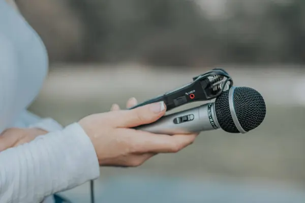 Journalist Hand Holding Microphone Dictaphone Sound Recorder Device News Conference Royalty Free Stock Photos