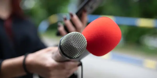 Jornalista Feminina Conferência Imprensa Gravando Notas Segurando Microfone Dictaphone Piolhos Imagem De Stock