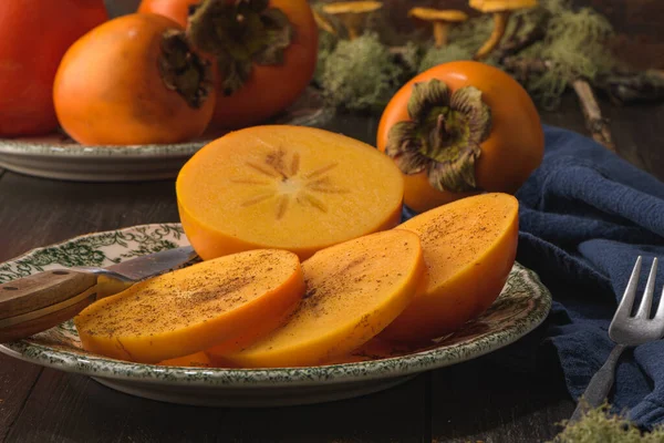 Delicious Orange Persimmons Wooden Table — Stock Photo, Image
