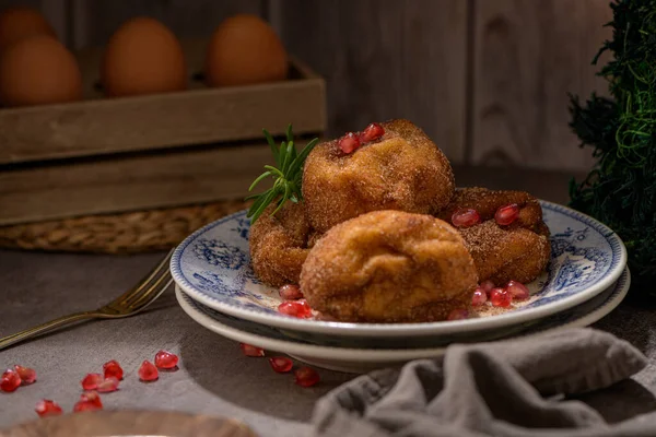 Rabanadas Poveiras Sugar Cinnamon Some Pomegranate Seeds Rustic Kitchen Countertop — Stock Photo, Image
