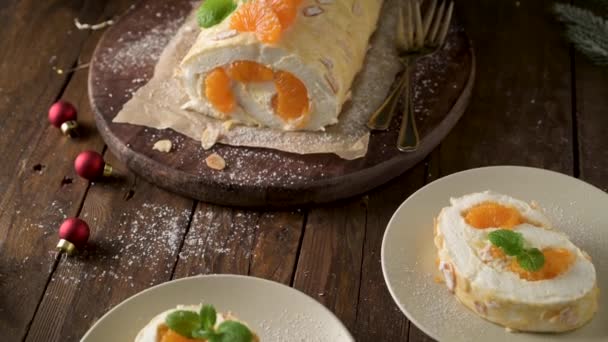 Meringue Roll Cake Cream Tangerine Roulade Summer Dessert Served Ceramic — 비디오