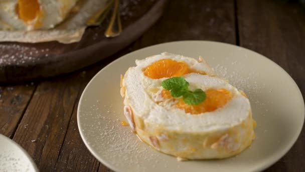 Meringue Roll Cake Cream Tangerine Roulade Summer Dessert Served Ceramic — Stock Video