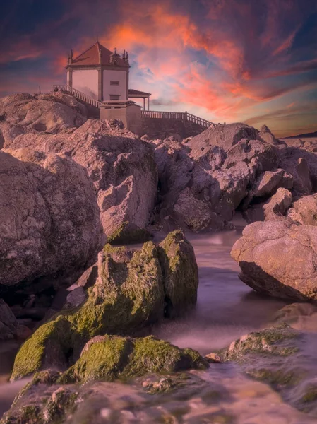 Senhor Pedra Church Miramar Beach Porto Seascape Long Exposure Effect — стоковое фото