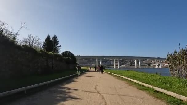 Gaia ポルトガル Circa 2023年3月 セルラ ピラールからポルトガルのアリーニョ アヴィントまで ドゥオーロの銀行に沿って自転車に乗るという視点 自転車道の広い景色と自然景観が特徴です — ストック動画