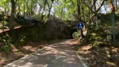 SEVER DO VOUGA, PORTUGAL - CRCA Nisan 2023: Sever do Vouga, Portekiz 'de bisiklet sürme görüntüsü. Bisiklet pistine ve doğal manzaraya geniş bir açıdan bakıyor..