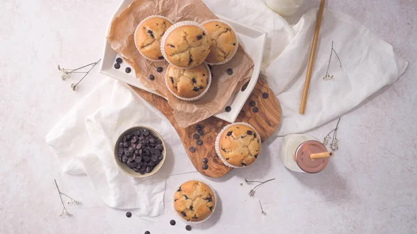 Chocolate Chip Muffins Milk Served Glass Bottles White Kitchen Countertop — Stock Photo, Image