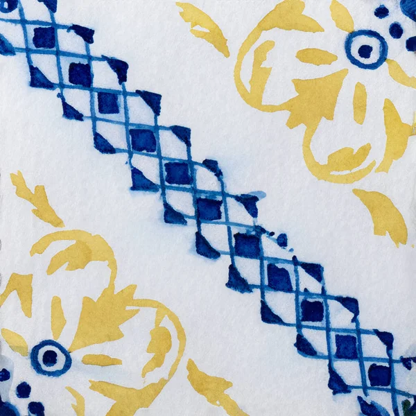 ポルトガルのセラミックタイルのパターンの水彩イラスト 単正方形のタイル — ストック写真