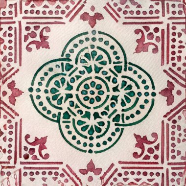 Portekiz seramik seramik seramik desenlerinin suluboya çizimi. Tek kare kiremit.