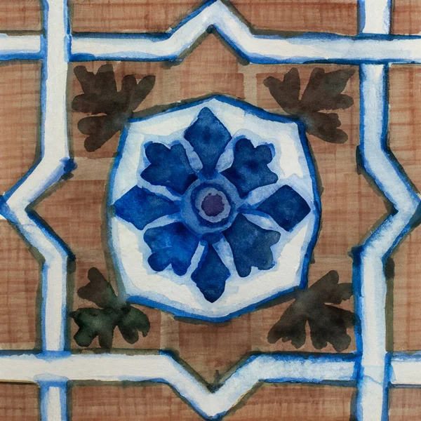 葡萄牙瓷砖图案水彩画 单方形瓷砖 — 图库照片