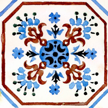 Portekiz seramik seramik seramik desenlerinin suluboya çizimi. Tek kare kiremit.