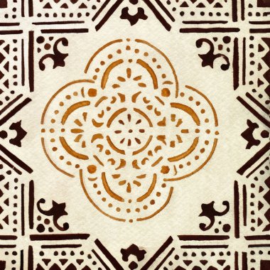 Portekiz seramik seramik seramik desenlerinin suluboya çizimi. Tek kare kiremit.