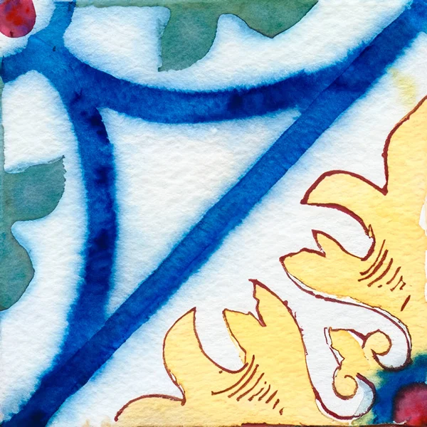 Акварельна Ілюстрація Португальського Візерунка Керамічної Плитки Однорівнева Плитка — стокове фото