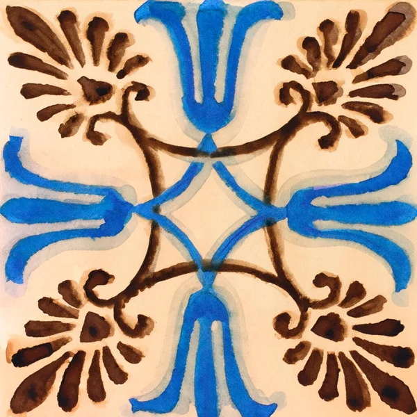 Illustrazione Acquerello Del Modello Portoghese Piastrelle Ceramica Singola Piastrella Quadrata — Foto Stock
