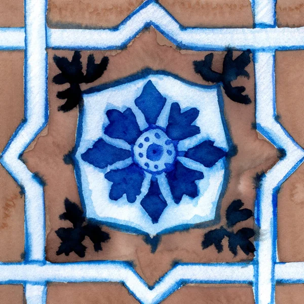 Aquarel Illustratie Van Portuguese Keramische Tegels Patroon Enkele Vierkante Tegel — Stockfoto