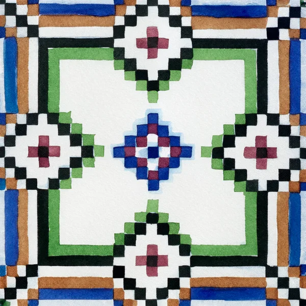 ポルトガルのセラミックタイルのパターンの水彩イラスト 単正方形のタイル — ストック写真