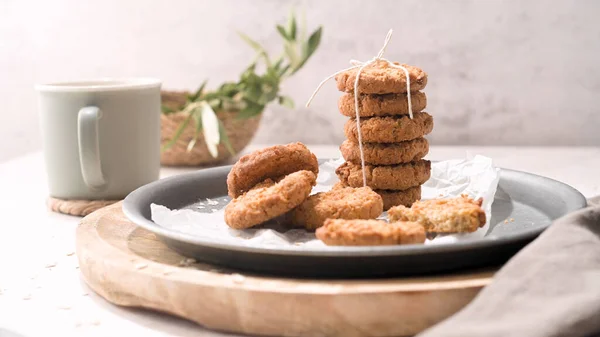 Breakfast Concept Baked Butter Cookies Cappuccino Coffee Creamy Foam Ceramic — 스톡 사진
