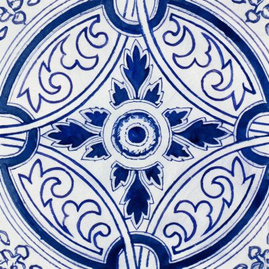 Portekiz seramik seramik seramik desenlerinin suluboya çizimi. Tek kare kiremit.