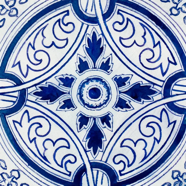 Aquarel Illustratie Van Portuguese Keramische Tegels Patroon Enkele Vierkante Tegel — Stockfoto
