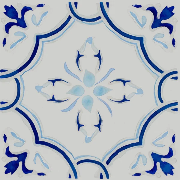 葡萄牙瓷砖图案水彩画 单方形瓷砖 — 图库照片