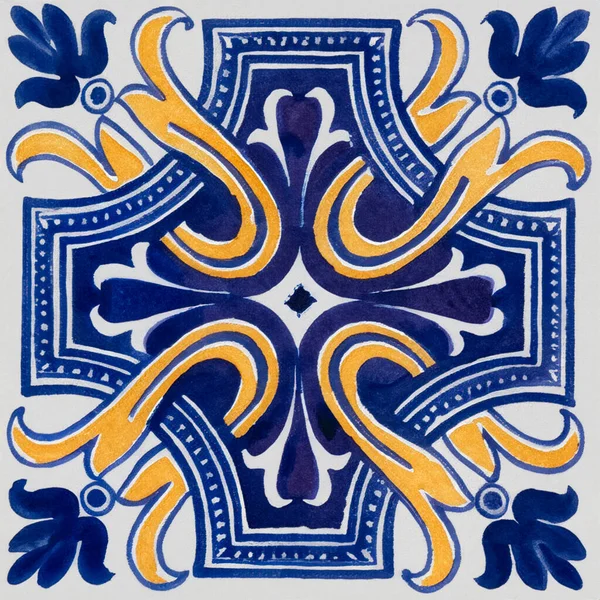 Υδατογραφία Απεικόνιση Του Πορτογαλικού Κεραμικών Πλακιδίων Μοτίβο Μονό Τετράγωνο Πλακίδιο — Φωτογραφία Αρχείου