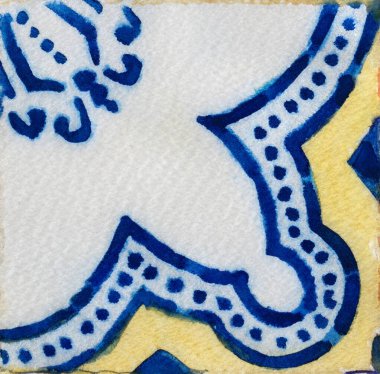 Portekiz seramik seramik seramik desenlerinin suluboya çizimi. Tek kare kiremit.